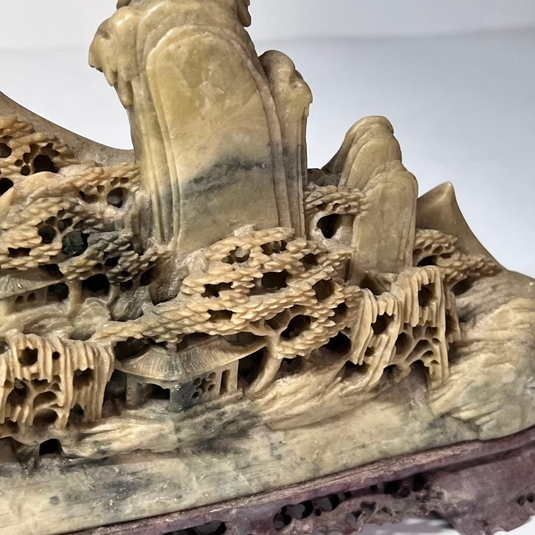 中国 寿山石楼閣山水雕 床飾 置物 彫刻