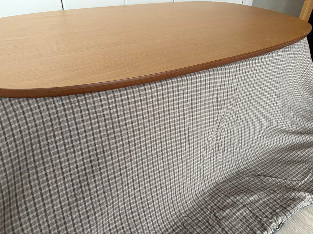 木製 楕円形 こたつ チェック柄布団付き