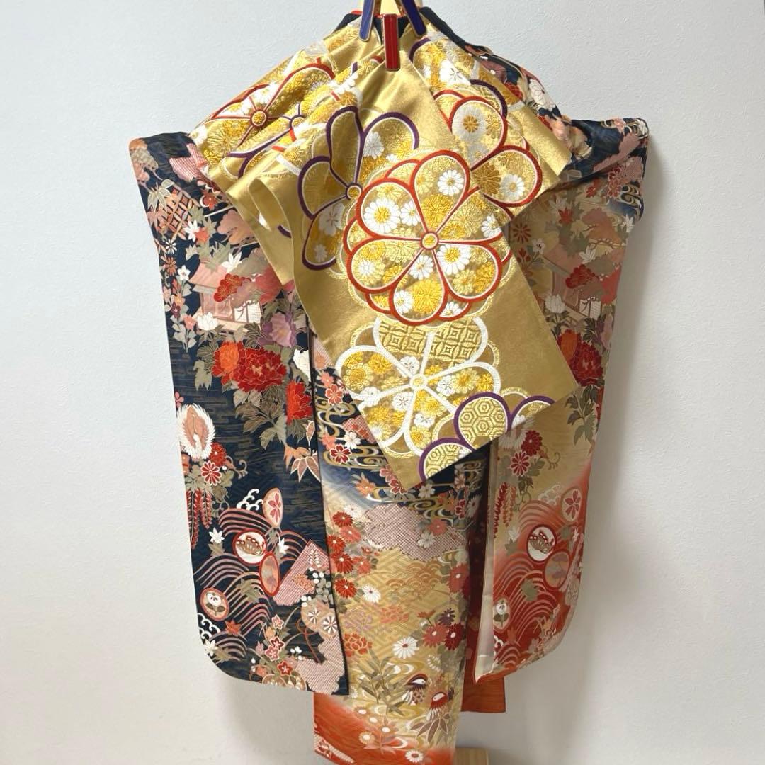 418 振袖フルセット 正絹 紺 ネイビー 朱赤 金彩 駒刺繍 暈し染め