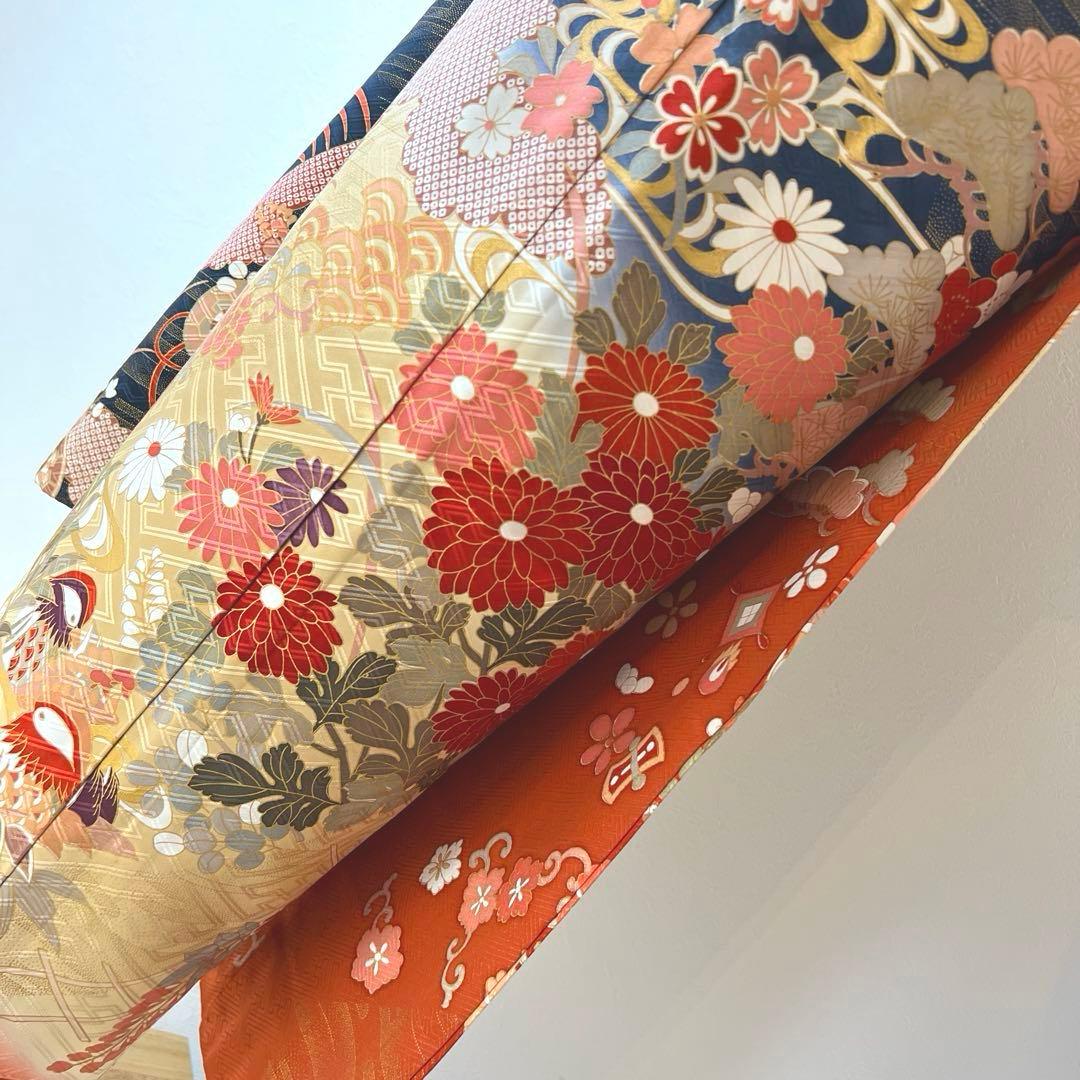 418 振袖フルセット 正絹 紺 ネイビー 朱赤 金彩 駒刺繍 暈し染め