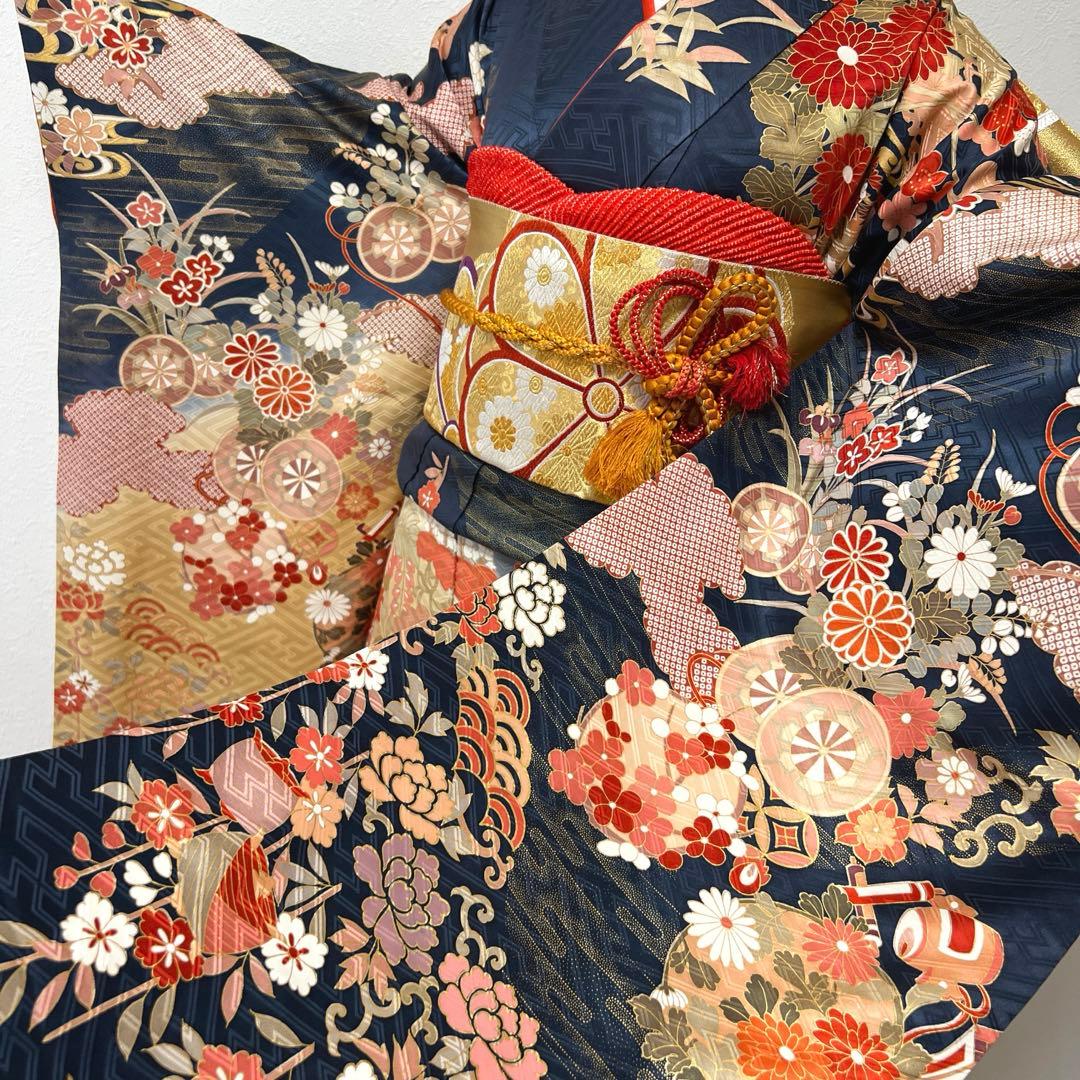 418 振袖フルセット 正絹 紺 ネイビー 朱赤 金彩 駒刺繍 暈し染め