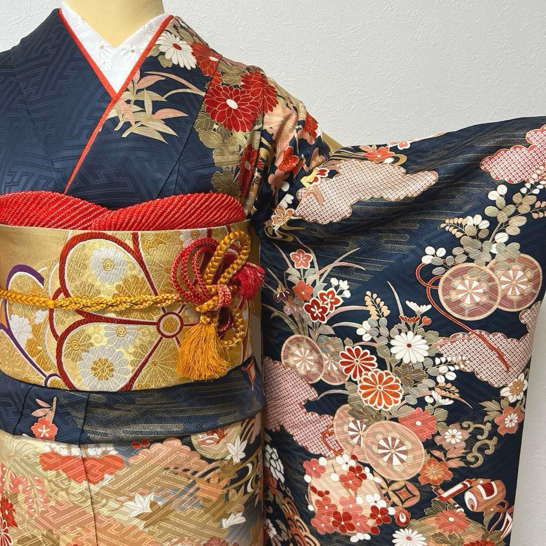 418 振袖フルセット 正絹 紺 ネイビー 朱赤 金彩 駒刺繍 暈し染め