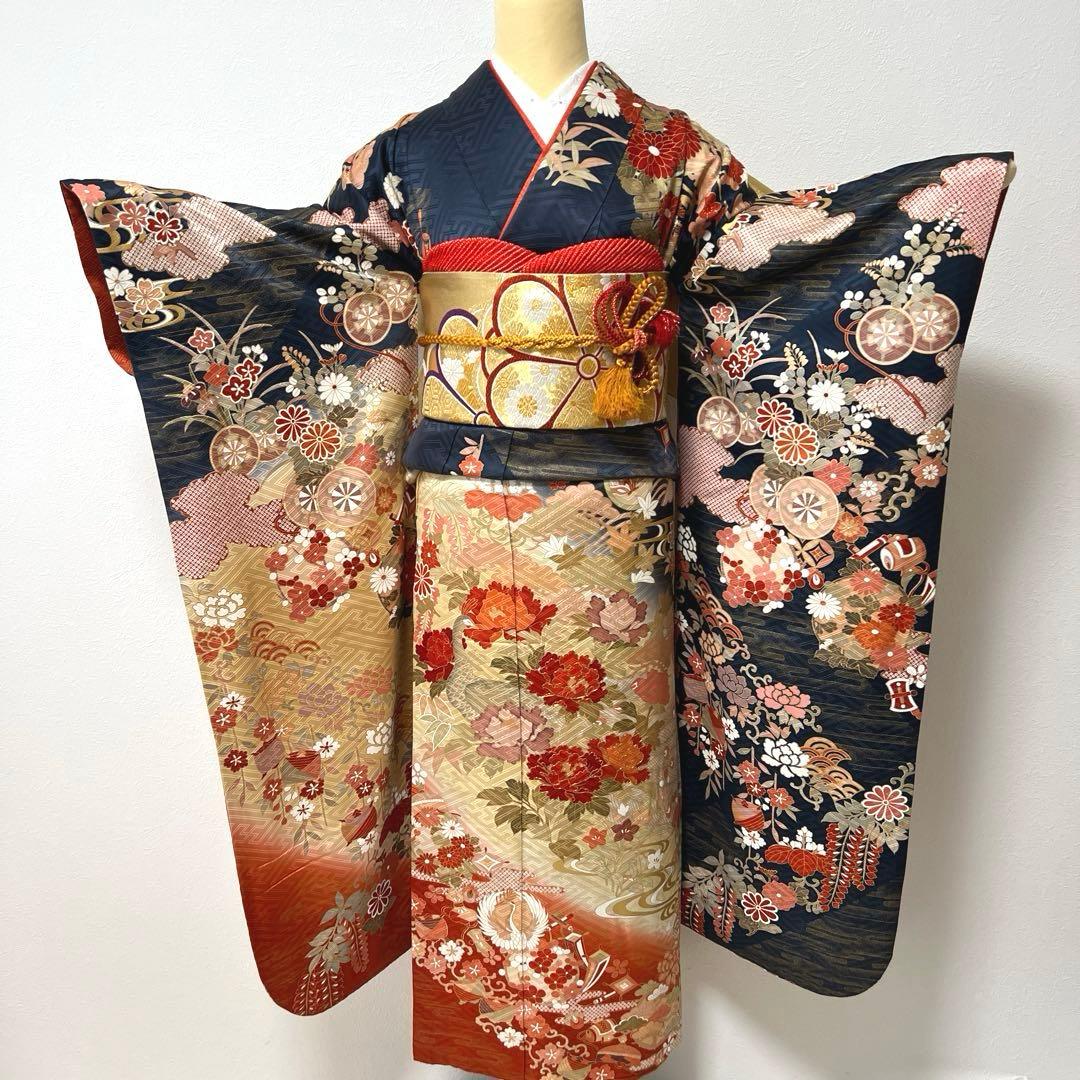 418 振袖フルセット 正絹 紺 ネイビー 朱赤 金彩 駒刺繍 暈し染め