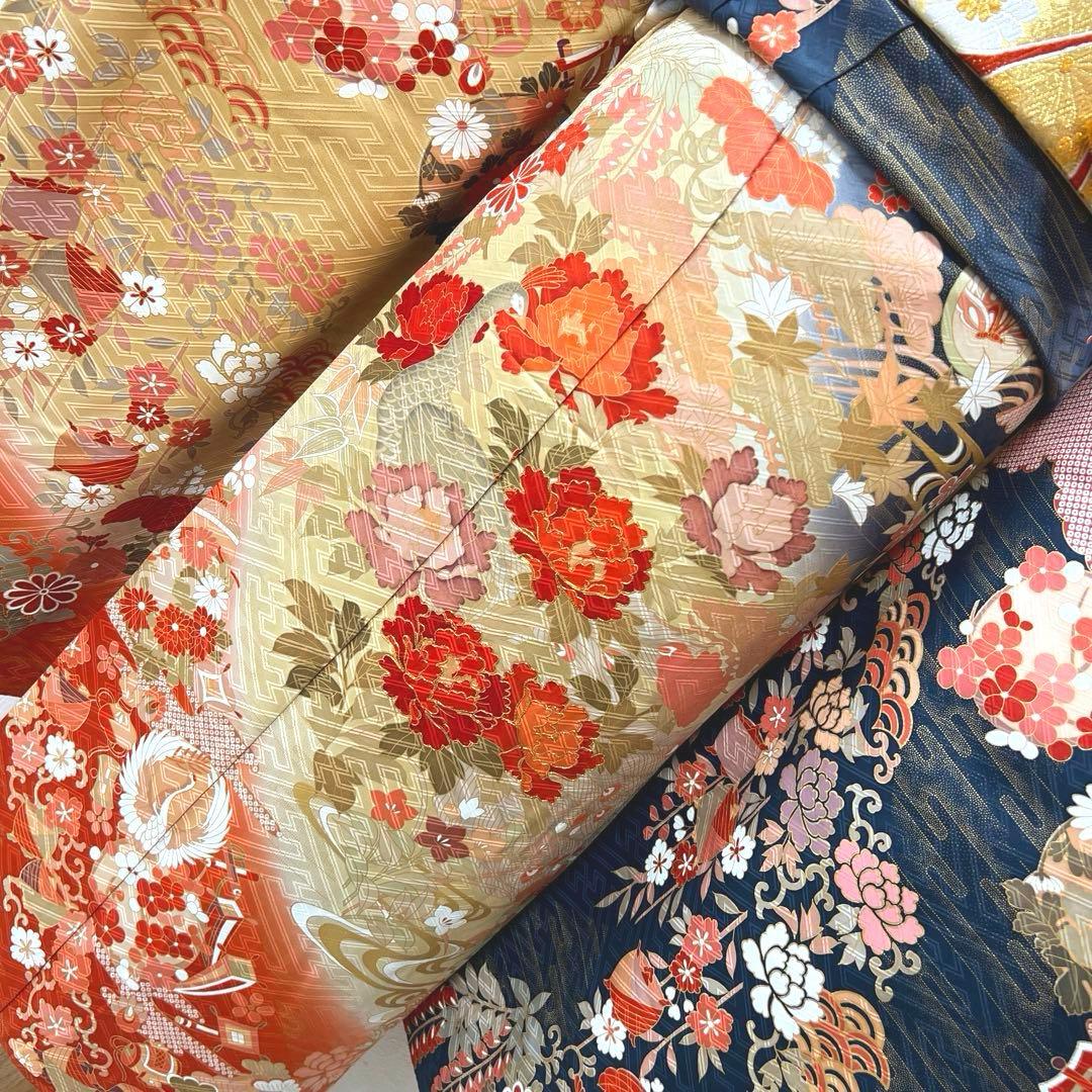 418 振袖フルセット 正絹 紺 ネイビー 朱赤 金彩 駒刺繍 暈し染め