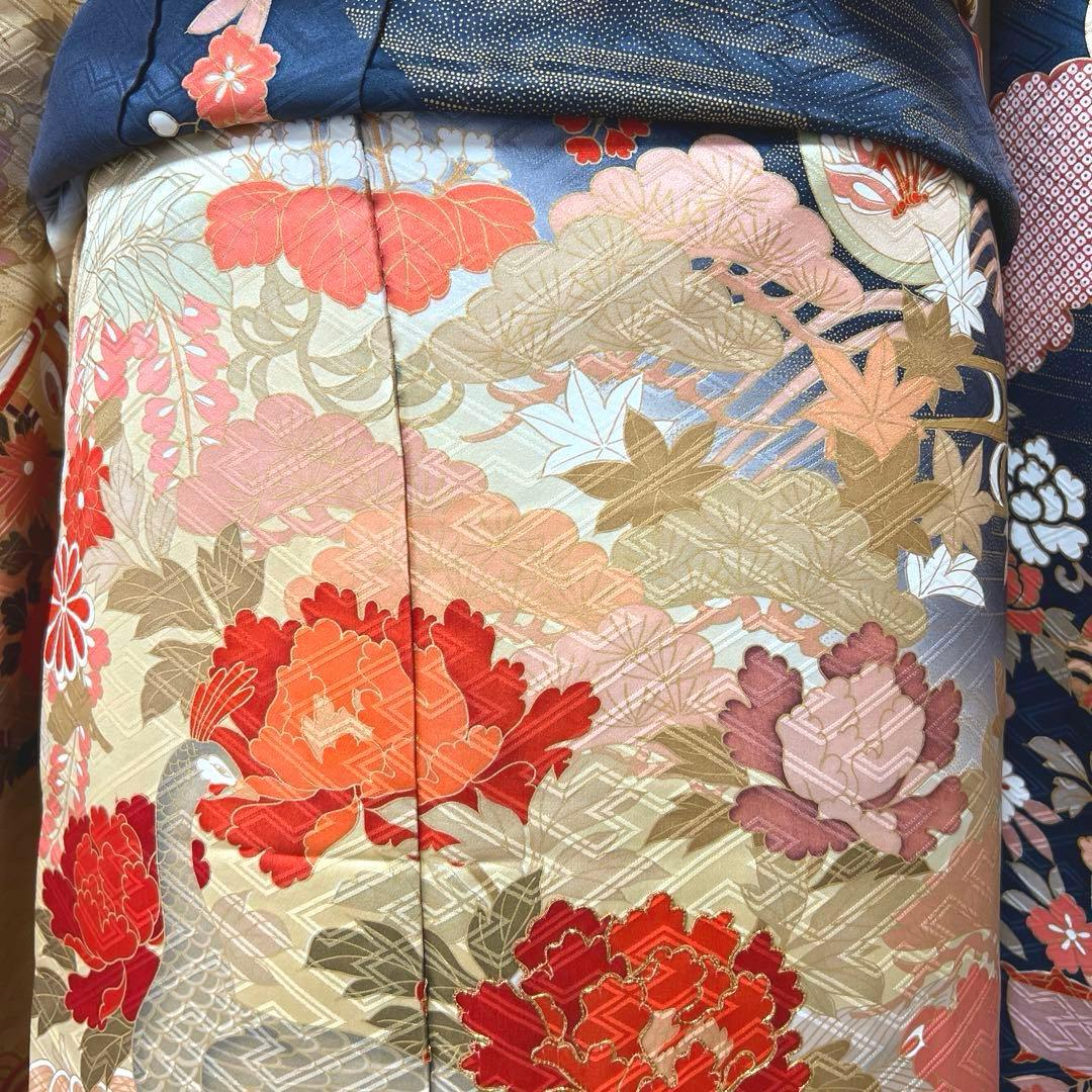 418 振袖フルセット 正絹 紺 ネイビー 朱赤 金彩 駒刺繍 暈し染め