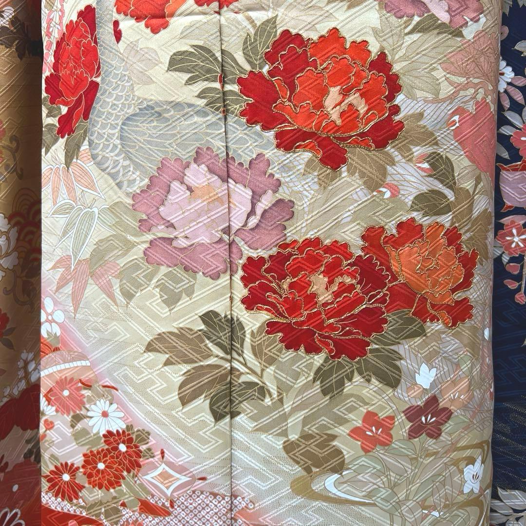 418 振袖フルセット 正絹 紺 ネイビー 朱赤 金彩 駒刺繍 暈し染め