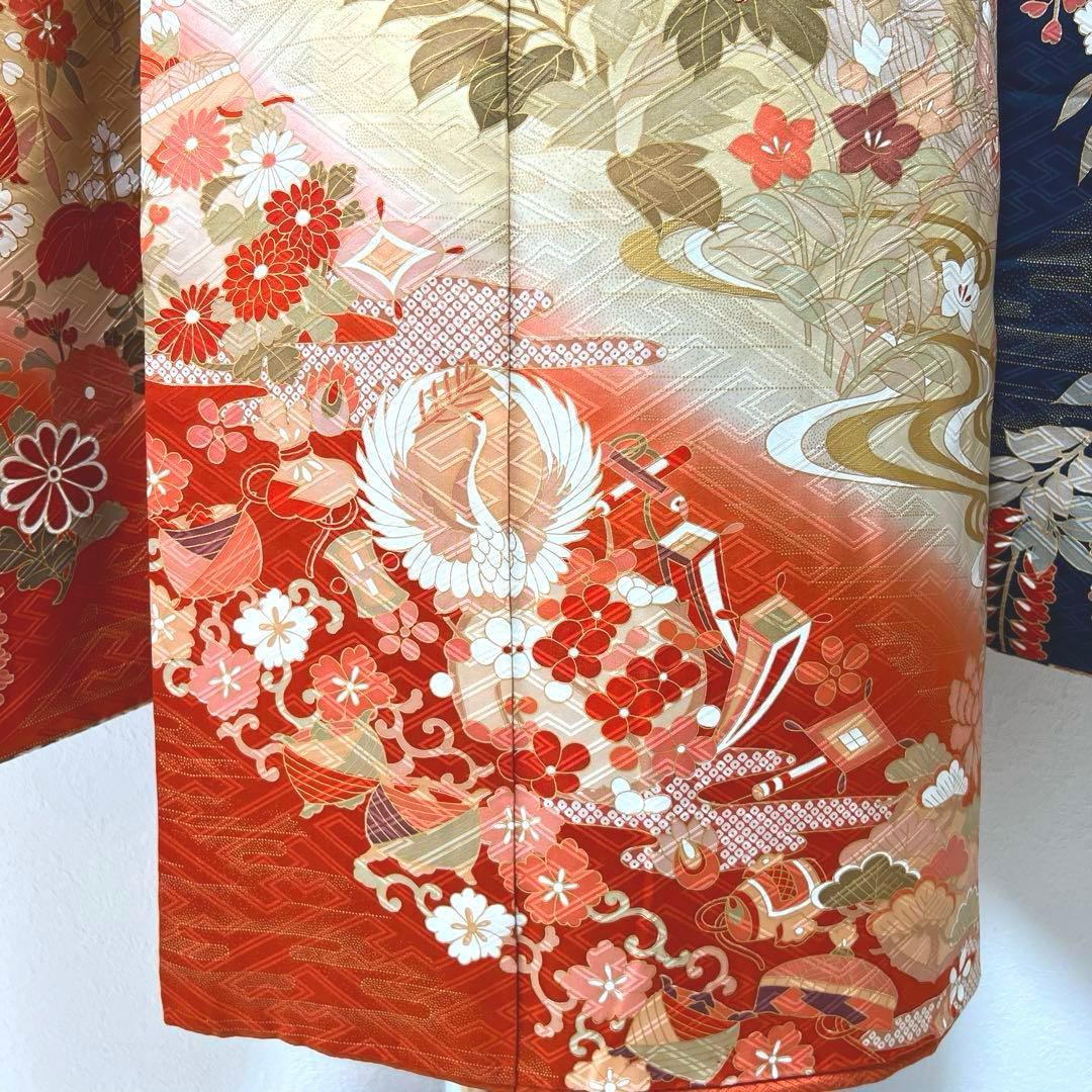 418 振袖フルセット 正絹 紺 ネイビー 朱赤 金彩 駒刺繍 暈し染め