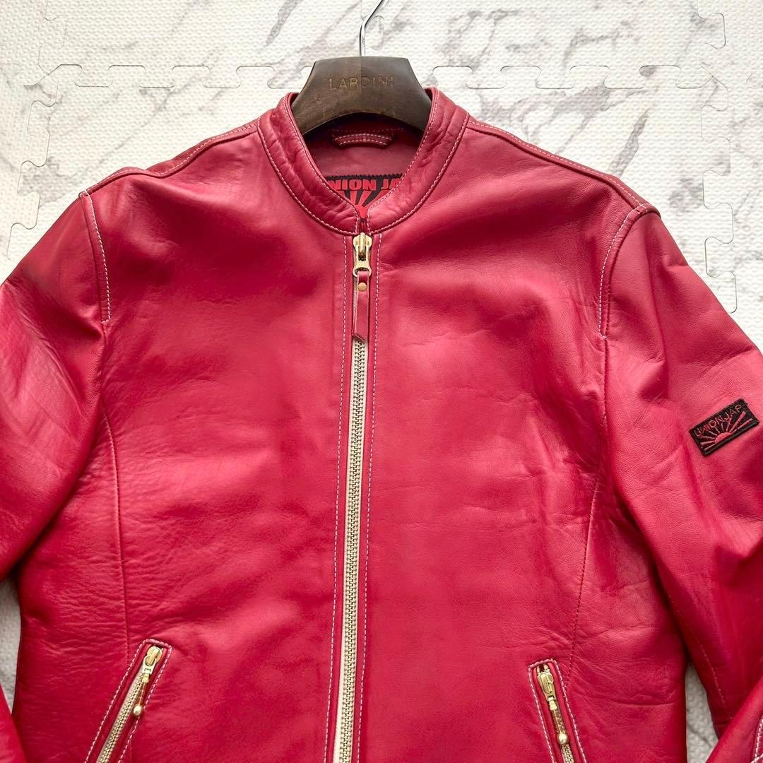 極美品✨UNION JAP シングルライダースジャケット ラムレザー 赤 L