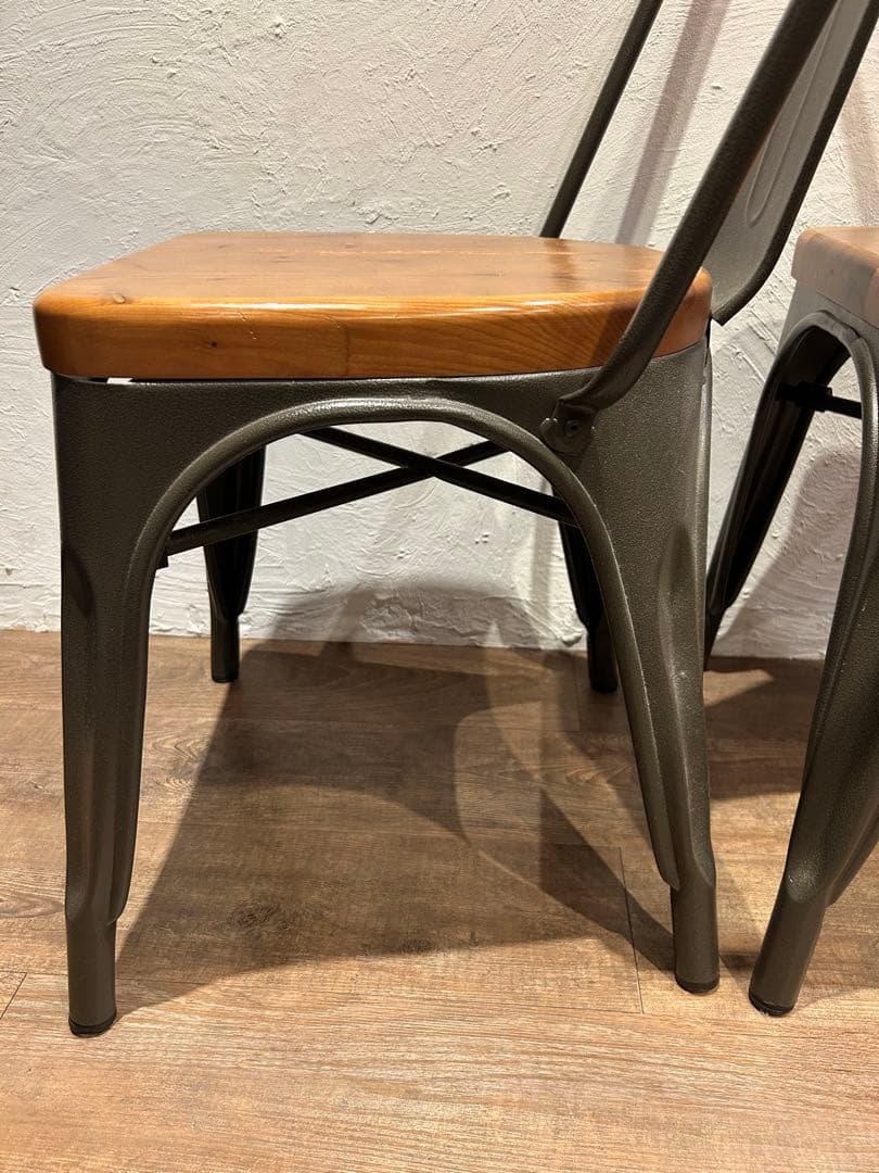 アイアン天然木チェア椅子　インダストリアル 二脚