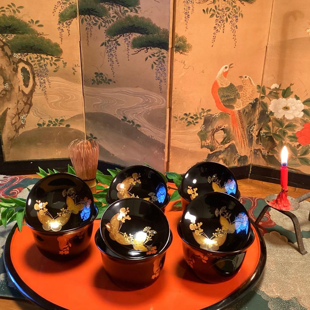 Ａ1019木製輪島塗椀　懐石道具　黒塗　秋草蒔絵　箸洗　小吸い物　　5客