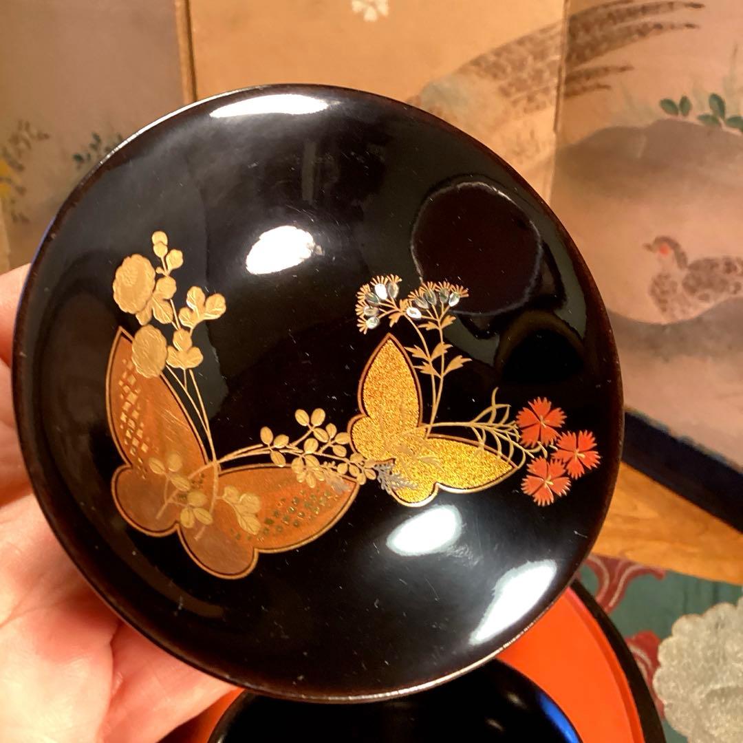 Ａ1019木製輪島塗椀　懐石道具　黒塗　秋草蒔絵　箸洗　小吸い物　　5客