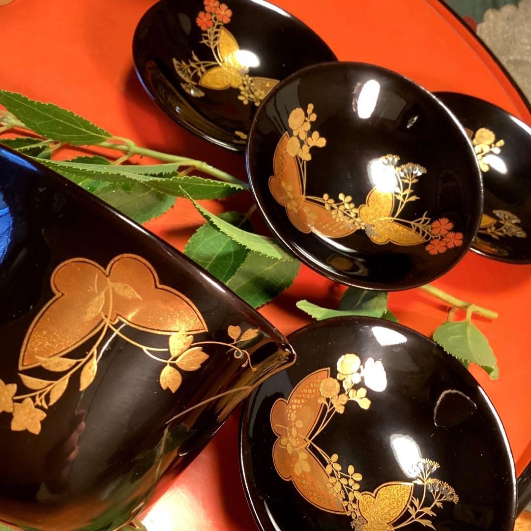 Ａ1019木製輪島塗椀　懐石道具　黒塗　秋草蒔絵　箸洗　小吸い物　　5客