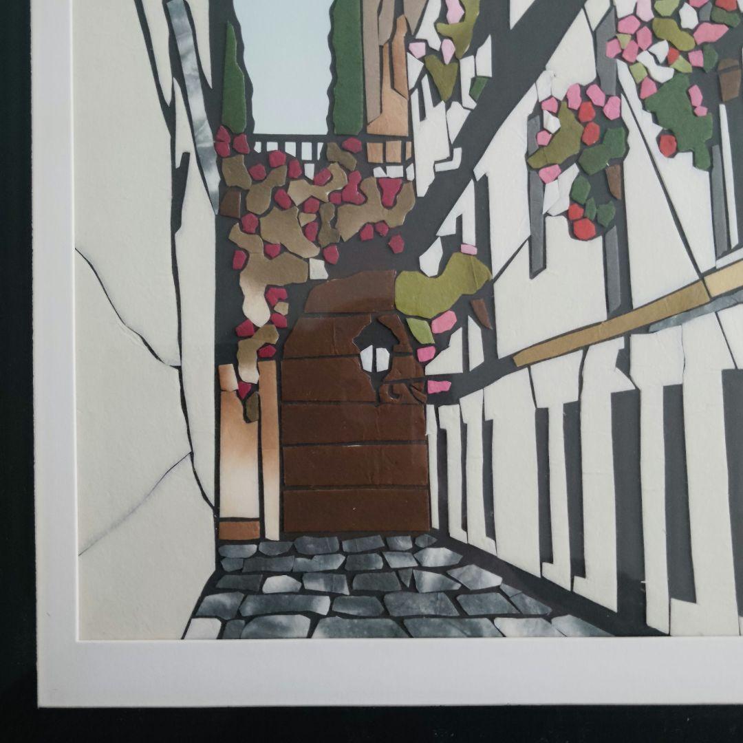 切り絵アート　スペインの街並み　海外風景画　貼り絵　額装　花のある街角