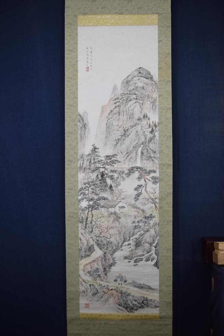 【真作】矢野橋村/梅花亭子図/春景山水人物図/掛軸☆宝船☆Z-539