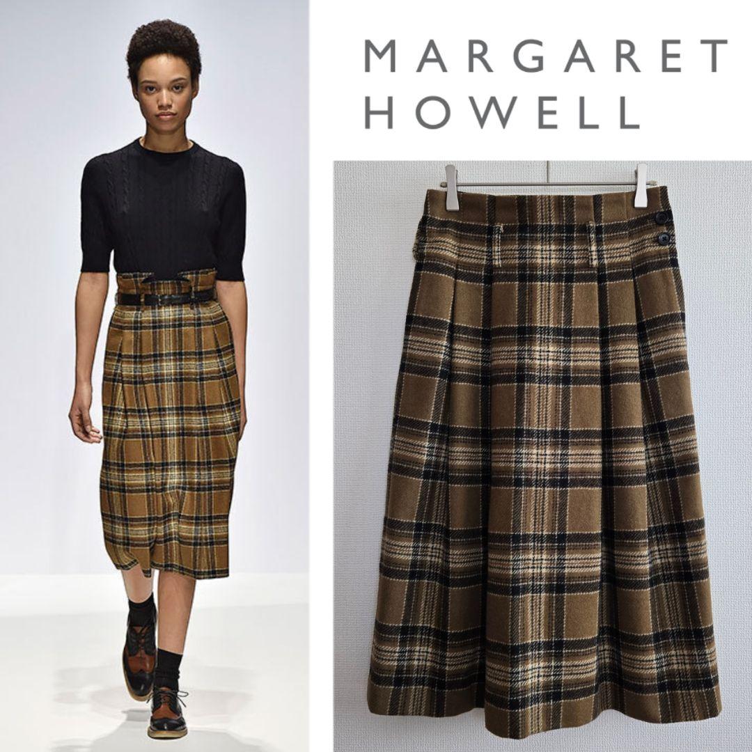 【マーガレットハウエル】キャメルタータンスカート ウールチェックスカート
