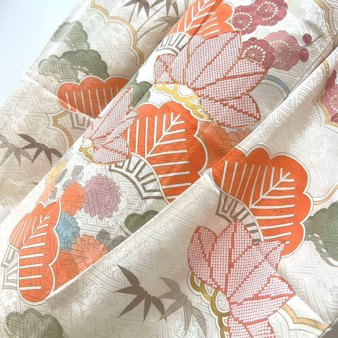 425 振袖フルセット 正絹 オフホワイト 白 金彩 駒刺繍 松竹梅 レトロ