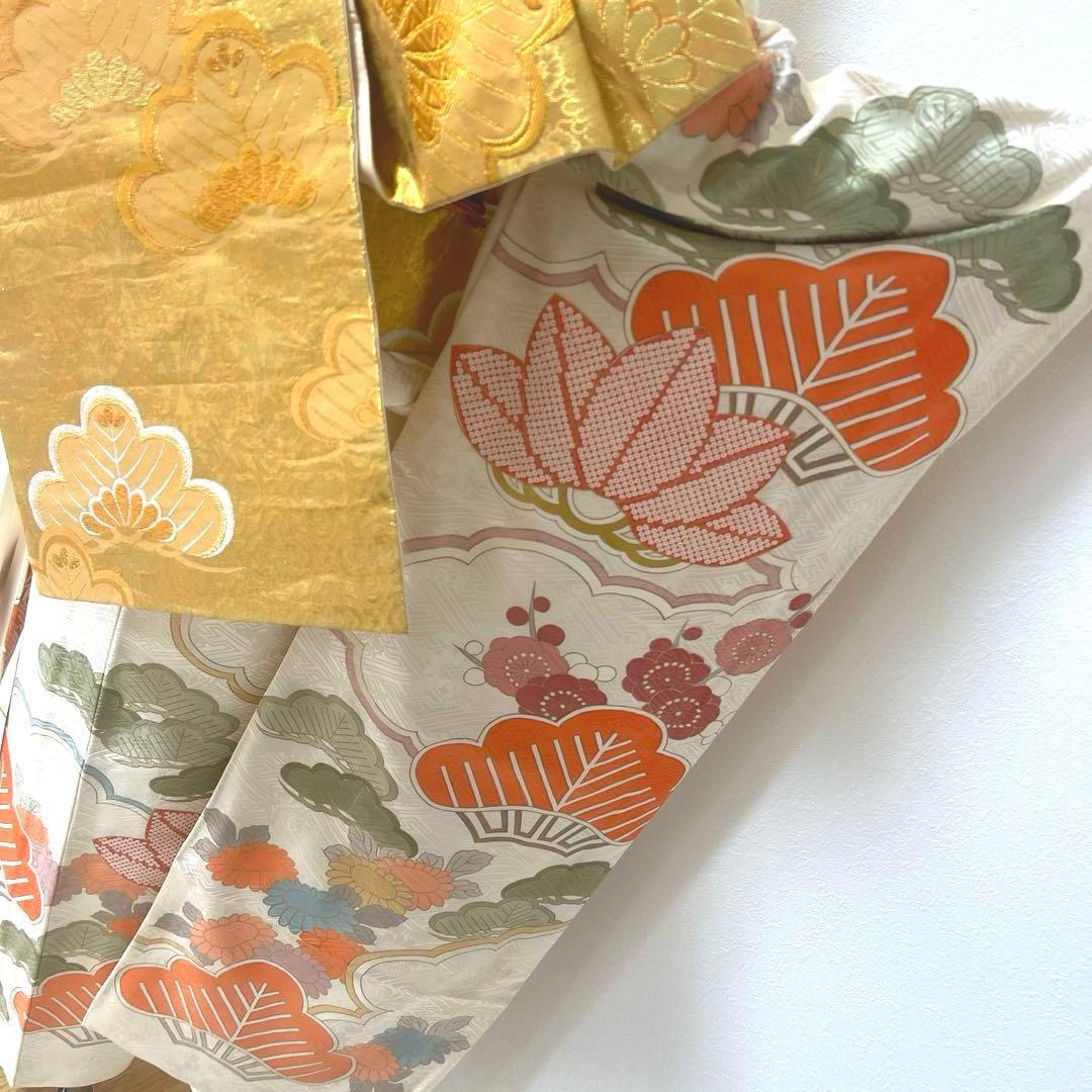 425 振袖フルセット 正絹 オフホワイト 白 金彩 駒刺繍 松竹梅 レトロ
