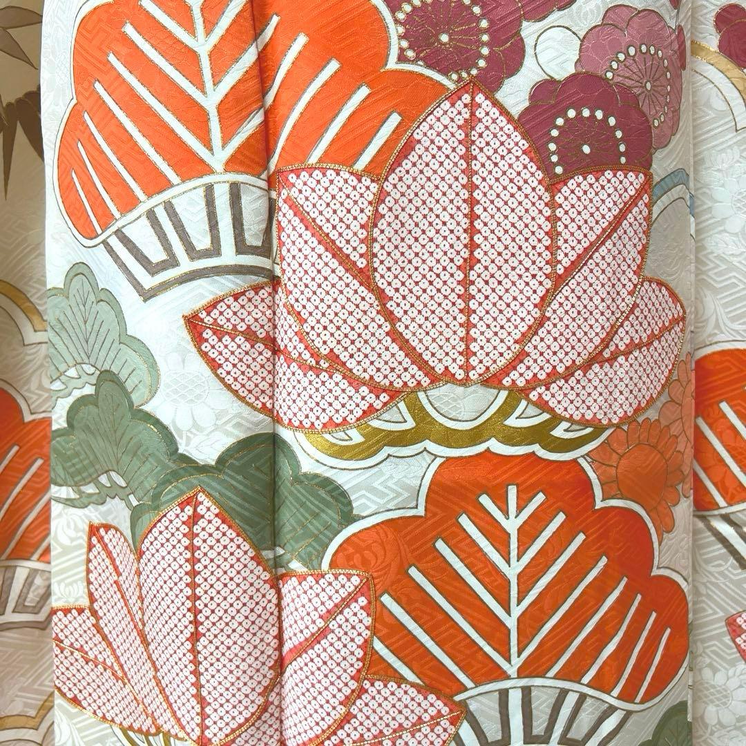 425 振袖フルセット 正絹 オフホワイト 白 金彩 駒刺繍 松竹梅 レトロ