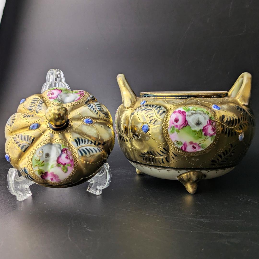 豪華金彩アールヌーボー 薔薇唐草模様 茶壷＆糖器セット 手彩金盛上 ニッポン