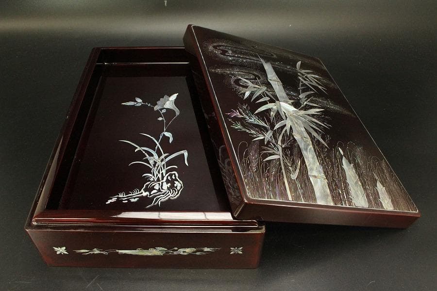 朝鮮 韓国 螺鈿 竹笹 蓋物(A848)