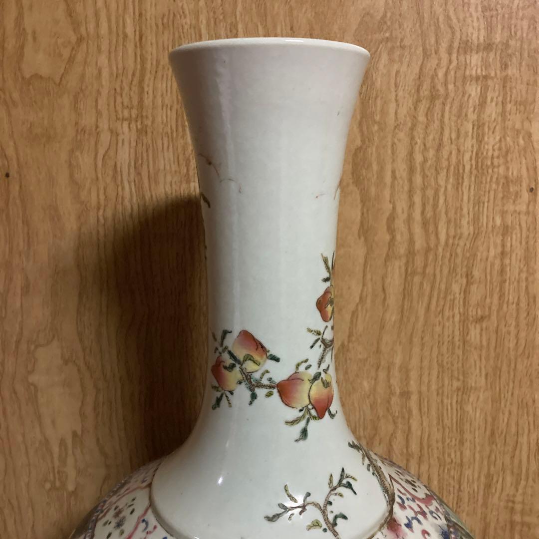 中国　色絵　瓶　天球瓶　鳳凰鶴桃果人物図　大清康熙年製銘