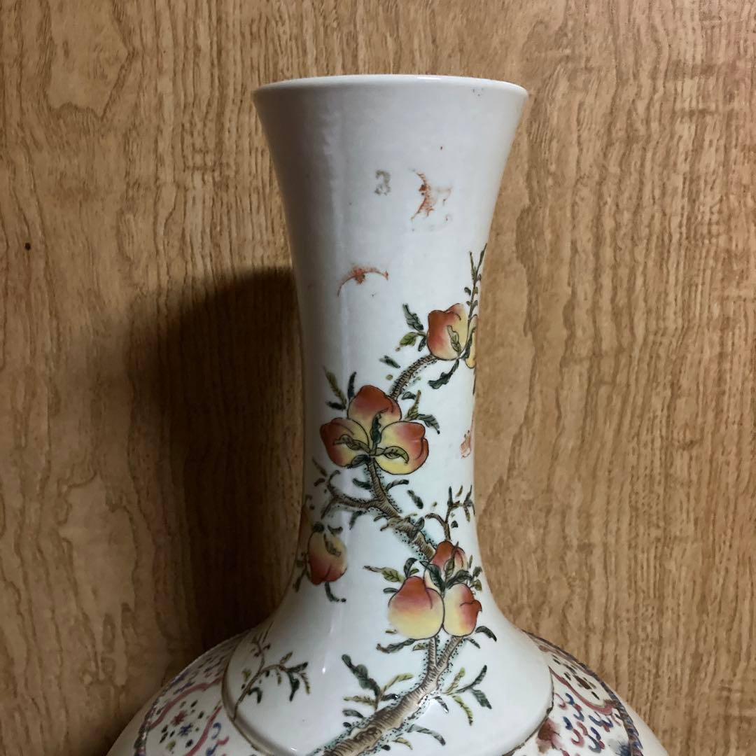 中国　色絵　瓶　天球瓶　鳳凰鶴桃果人物図　大清康熙年製銘