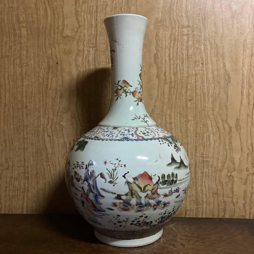 中国　色絵　瓶　天球瓶　鳳凰鶴桃果人物図　大清康熙年製銘
