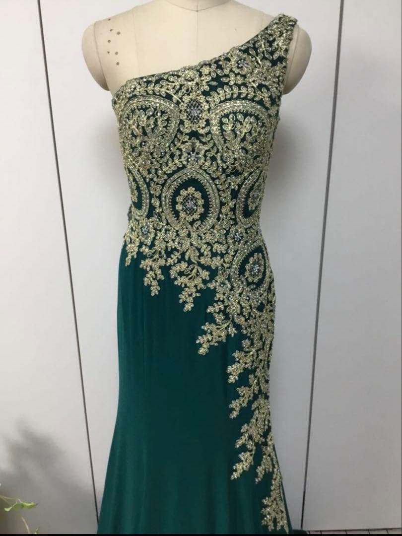 ダークグリーン ワンショルダー パーティードレス