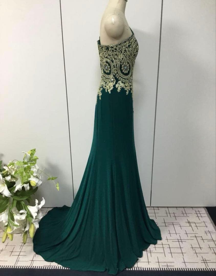 ダークグリーン ワンショルダー パーティードレス