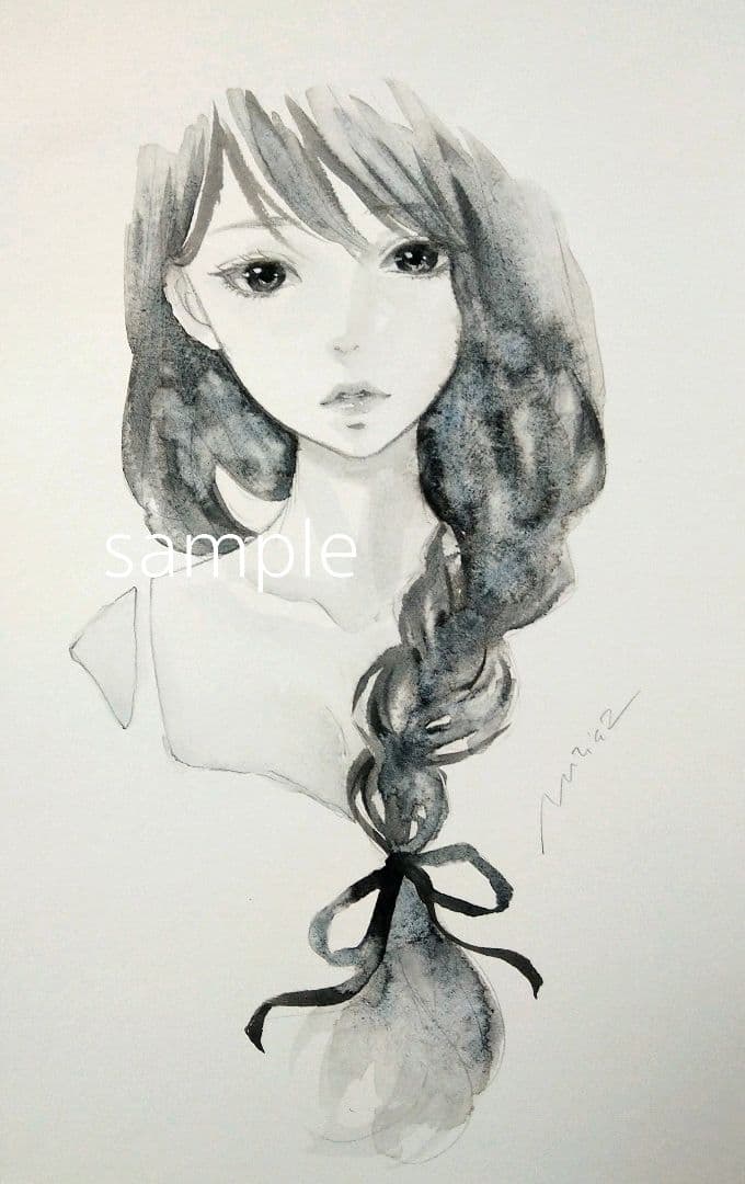 肉筆原画　水彩画　絵画　手描きイラスト　オリジナル　三編み