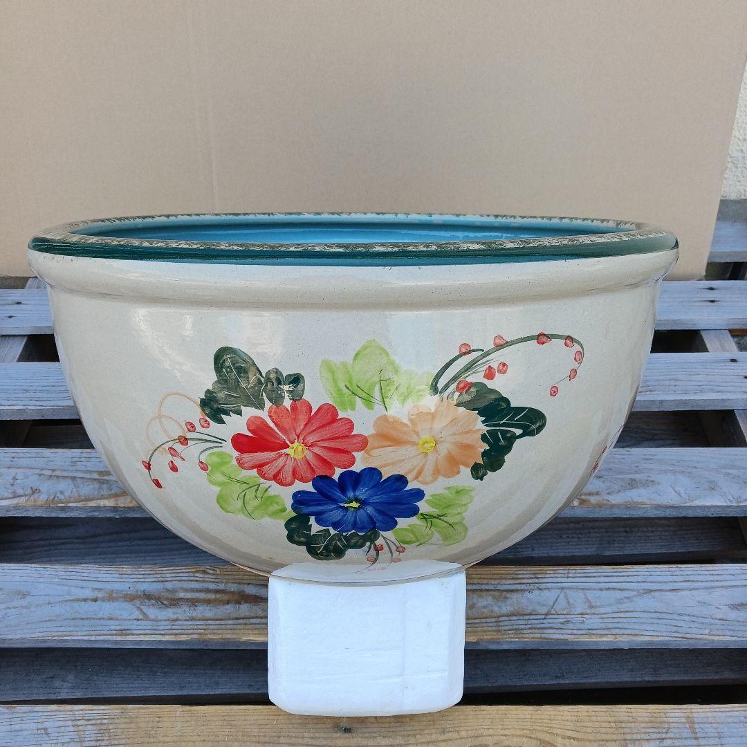 新品　特大　∅50　 陶器　睡蓮鉢　メダカ鉢　手書き絵　花柄　手造り　高級品LB