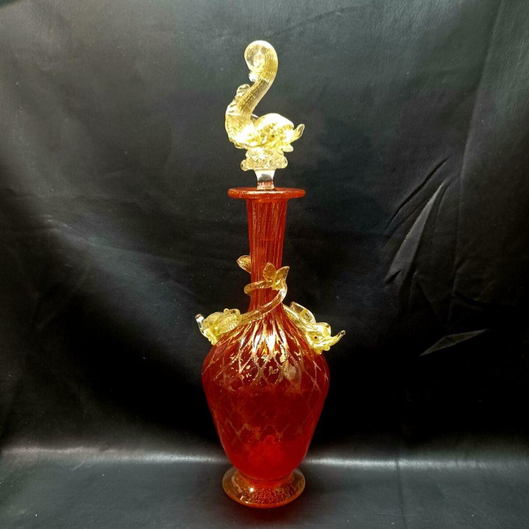 MURANO 34㎝ ムラノ 金彩 レッド ドルフィン モチーフ デカンタ
