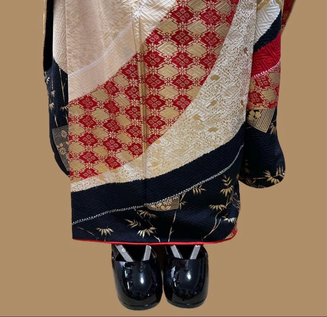 アンティーク振袖㊗️赤黒白 蝶の金駒刺繍 本絞り染め 型染④点セット