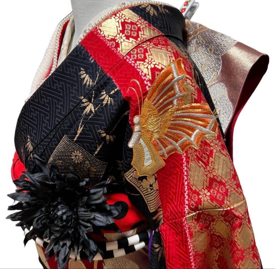 アンティーク振袖㊗️赤黒白 蝶の金駒刺繍 本絞り染め 型染④点セット