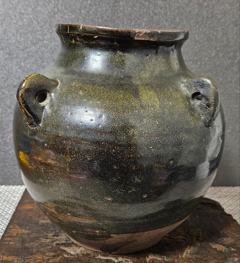 中国古美術　中国古陶磁器　明代　明朝 磁州窯　黒釉　四耳壺　高さ19.5cm