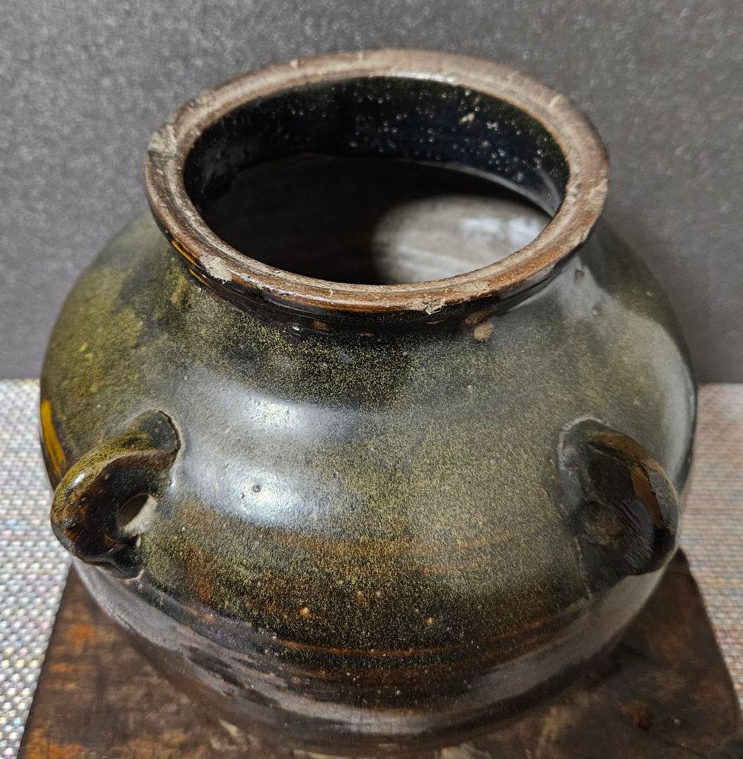 中国古美術　中国古陶磁器　明代　明朝 磁州窯　黒釉　四耳壺　高さ19.5cm
