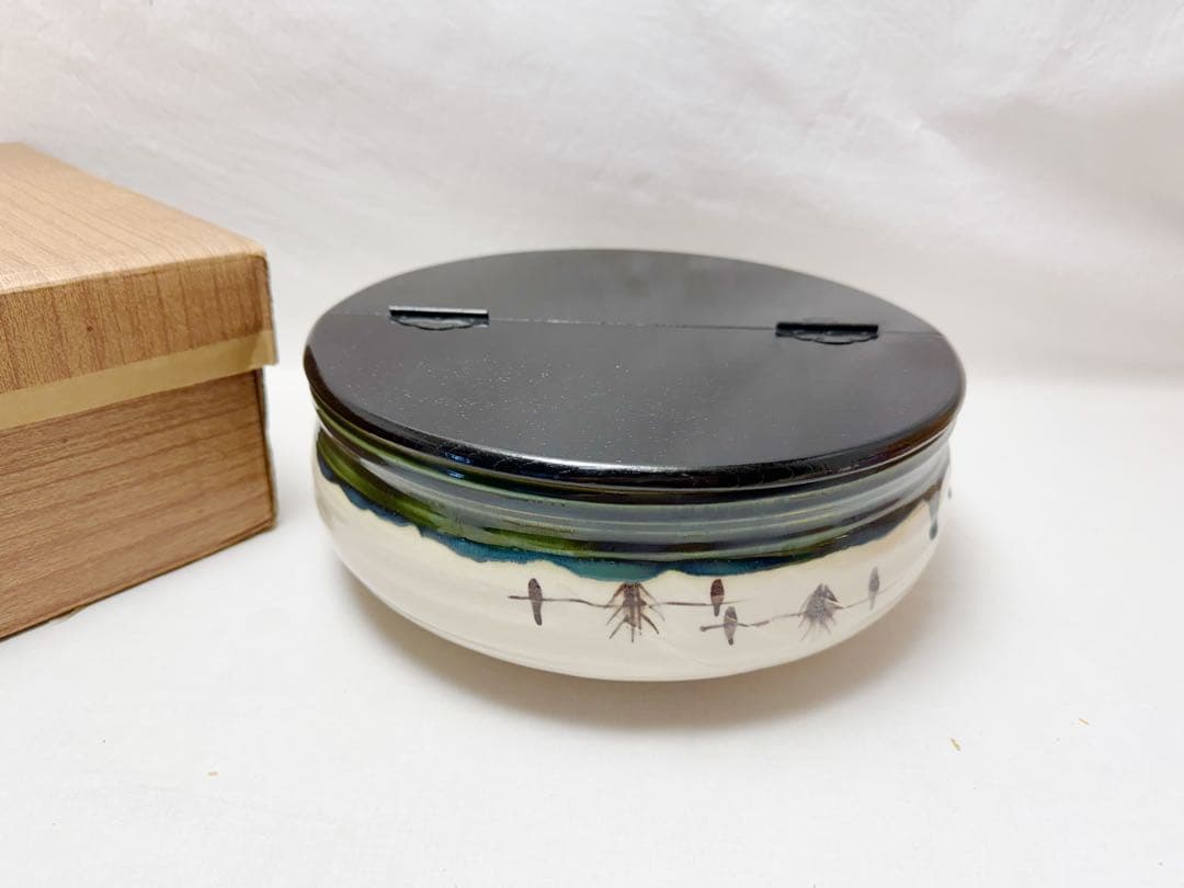 ほぼ未使用 茶道具 加藤五陶造 織部焼 平水指 割蓋 陶印 元箱