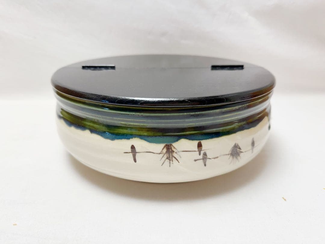 ほぼ未使用 茶道具 加藤五陶造 織部焼 平水指 割蓋 陶印 元箱