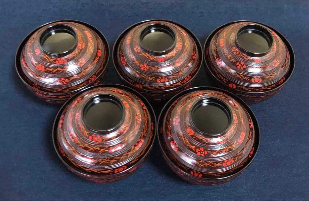 《レ》懐石 梅松葉絵 吸物椀5客 理平造 木製漆器 共箱　251104う3