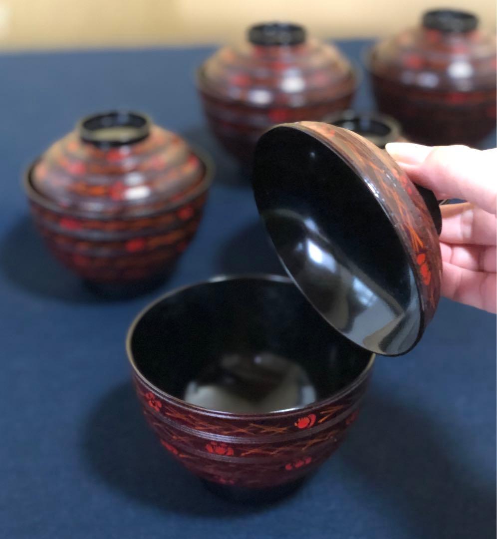 《レ》懐石 梅松葉絵 吸物椀5客 理平造 木製漆器 共箱　251104う3