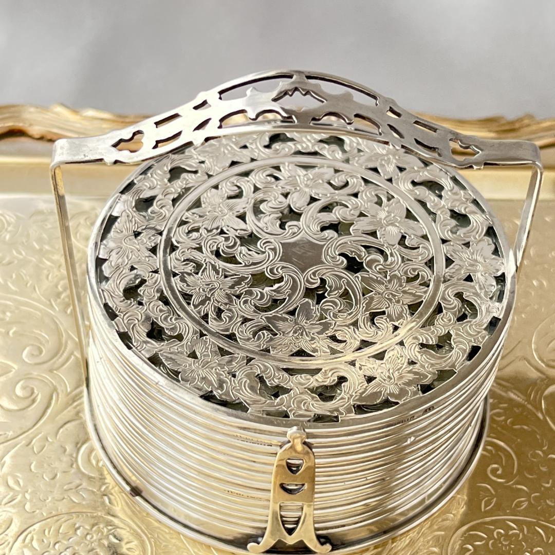 【WEBSTER】【純銀/ガラス】コースター 12枚 / ホルダー スターリング