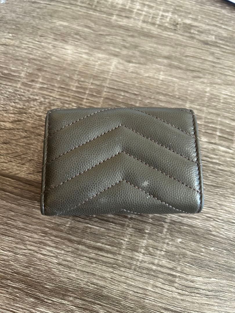 YSL カーキ　三つ折り財布 レザー　ミニ　財布　モノグラム