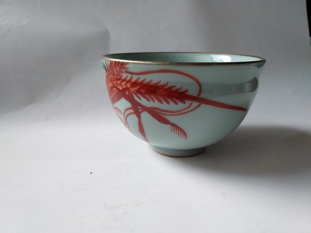 二代 手塚玉堂 青瓷 海老乃絵 茶碗 共箱 共布 栞 茶道具 抹茶碗 新品