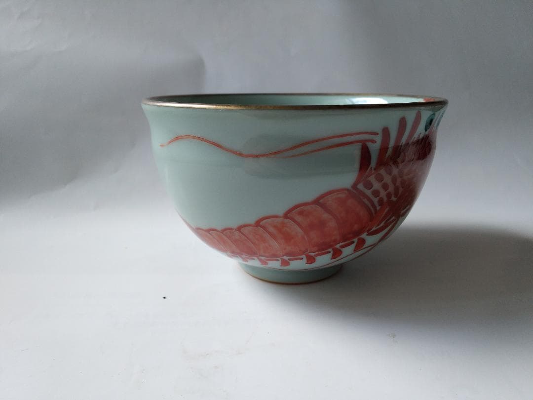 二代 手塚玉堂 青瓷 海老乃絵 茶碗 共箱 共布 栞 茶道具 抹茶碗 新品