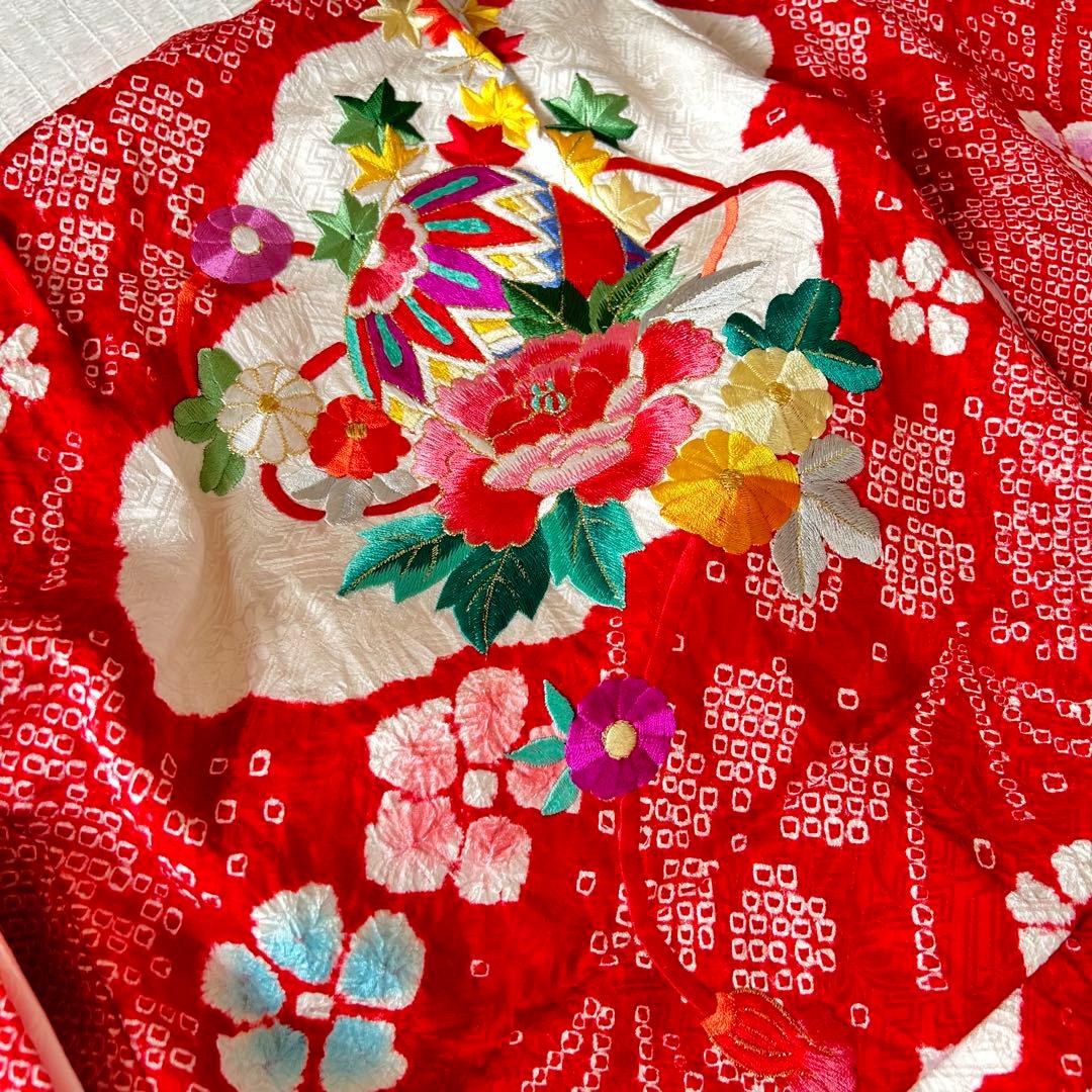 七五三 3歳 総絞り 着物 正絹 被布 三歳 赤 草履 753 金駒刺繍 赤白