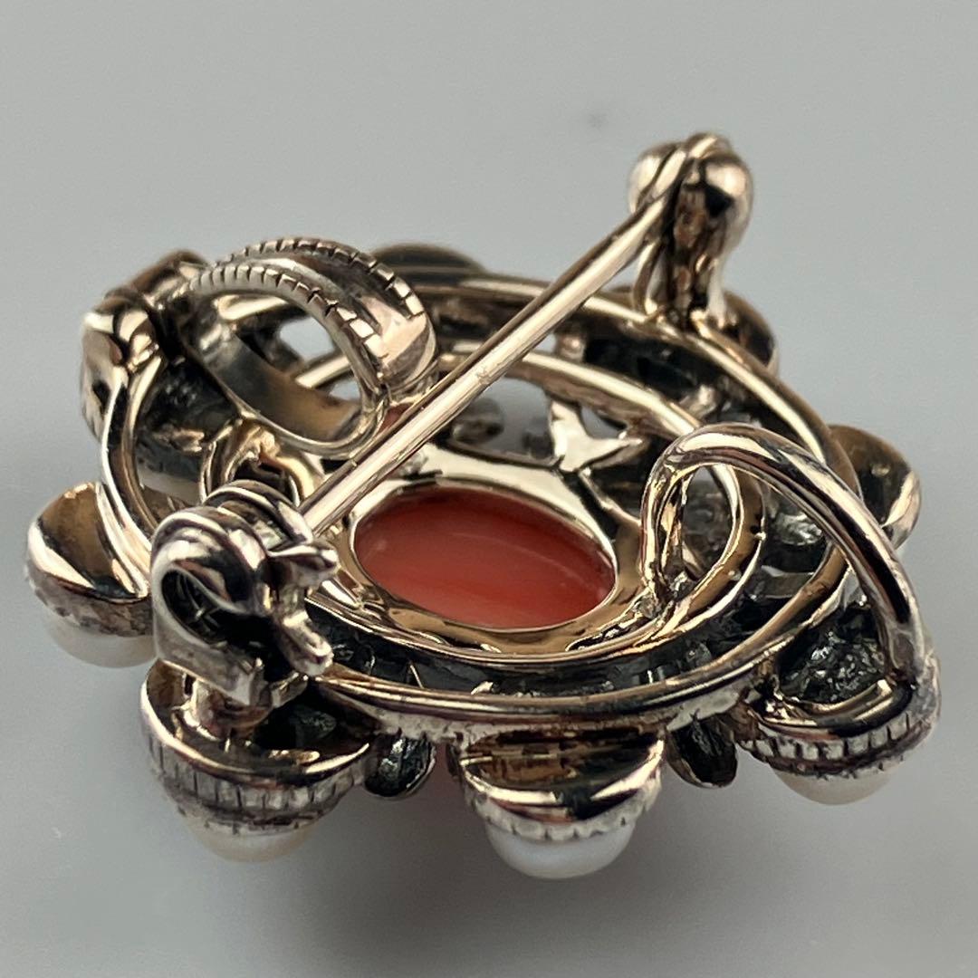 碌山 ロクザン サンゴ コーラルペンダントトップ/ブローチ パール Ag925