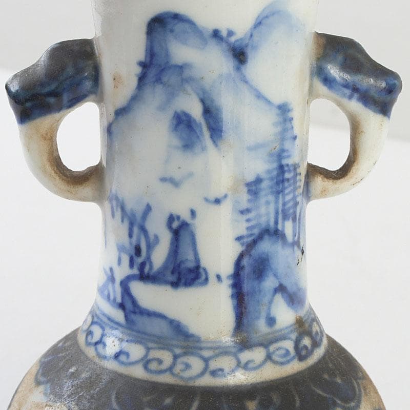 高橋道八 (華中亭道八) 作　染付　山水人物文　双耳瓶　花瓶　C　9387