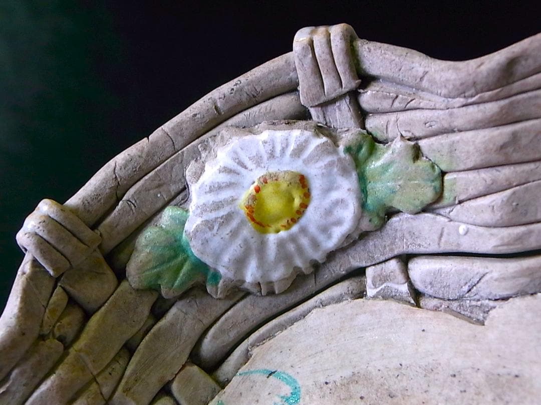 【 E918 】 素晴らしき超名品　明治期萬古焼上手作品　陽刻朝顔文飾り皿