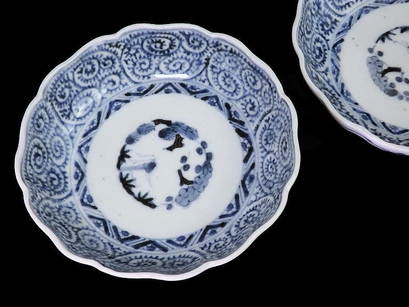 古伊万里　染付　蛸唐草に松竹梅の図　膾皿　２客　江戸期　E913AS-CSy