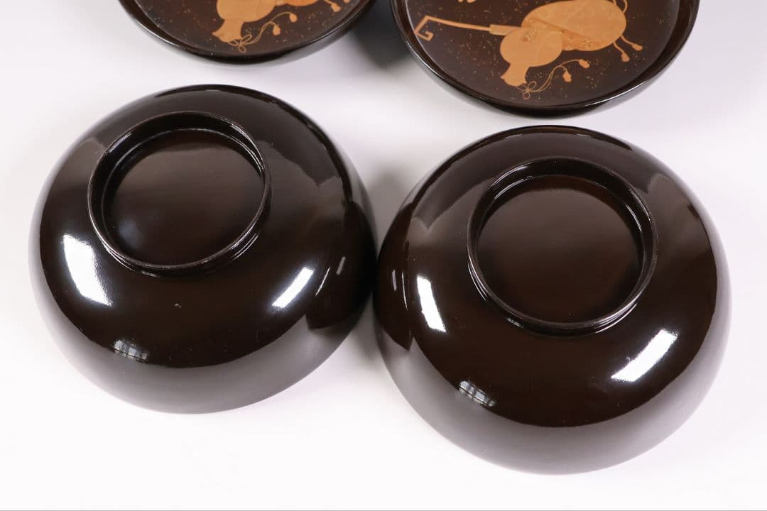 【MB192】輪島塗 宝尽くし金蒔絵 黒塗椀 二客 天然木漆塗 大正昭和 茶懐石